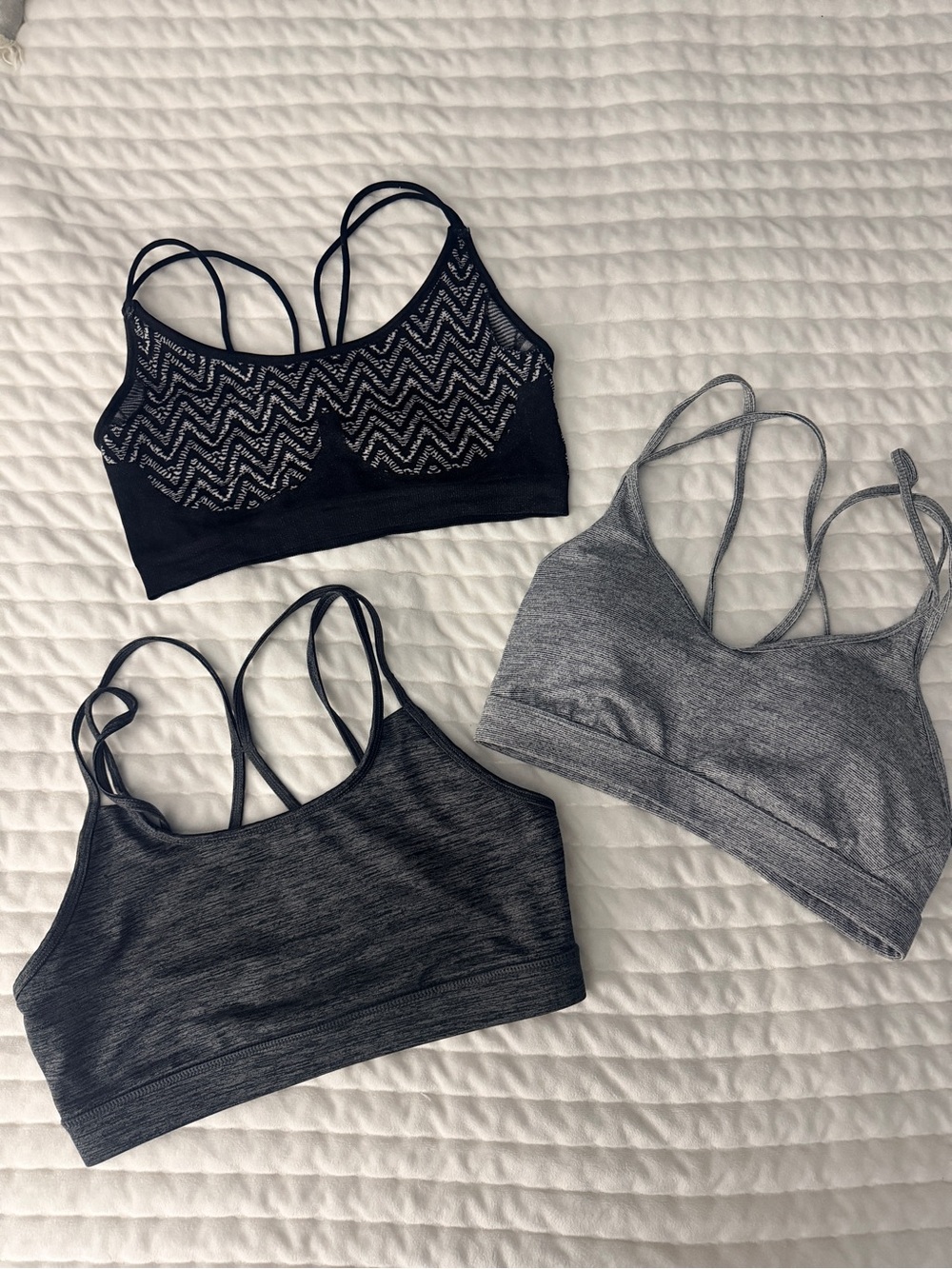 Bundle of 3 Strappy Gray Sports Bras - Fabletics, Old Navy Active, Gaiam - S/M